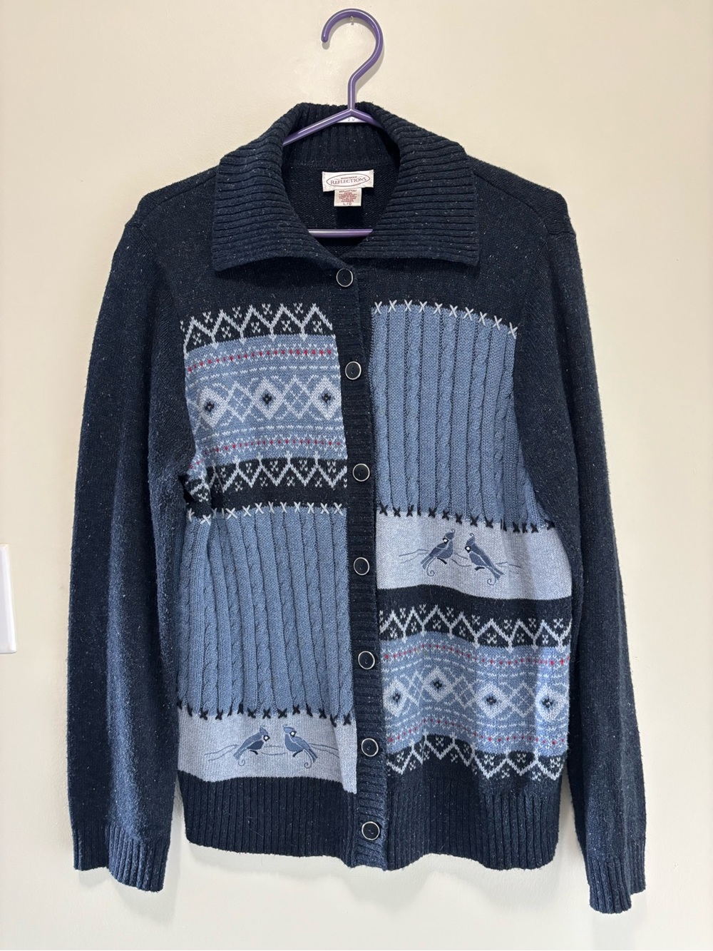 Vintage Northern Reflections Cardigan (Blue/Black Colorblocked Fair Isle & Bird